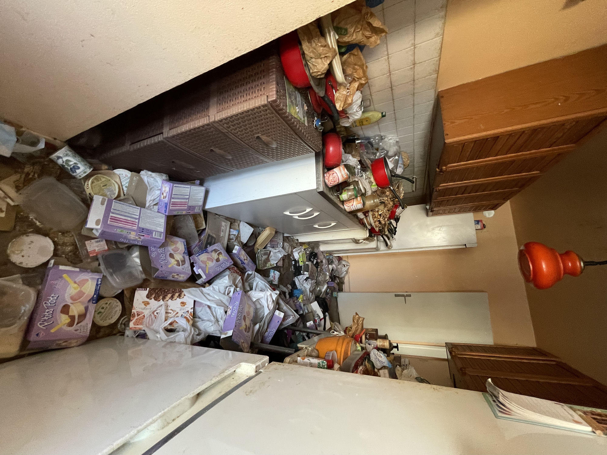 Cuisine en syndrome de Diogène : boîtes de yaourts et petits pots accumulés, vaisselle, paquets renversés sur le sol